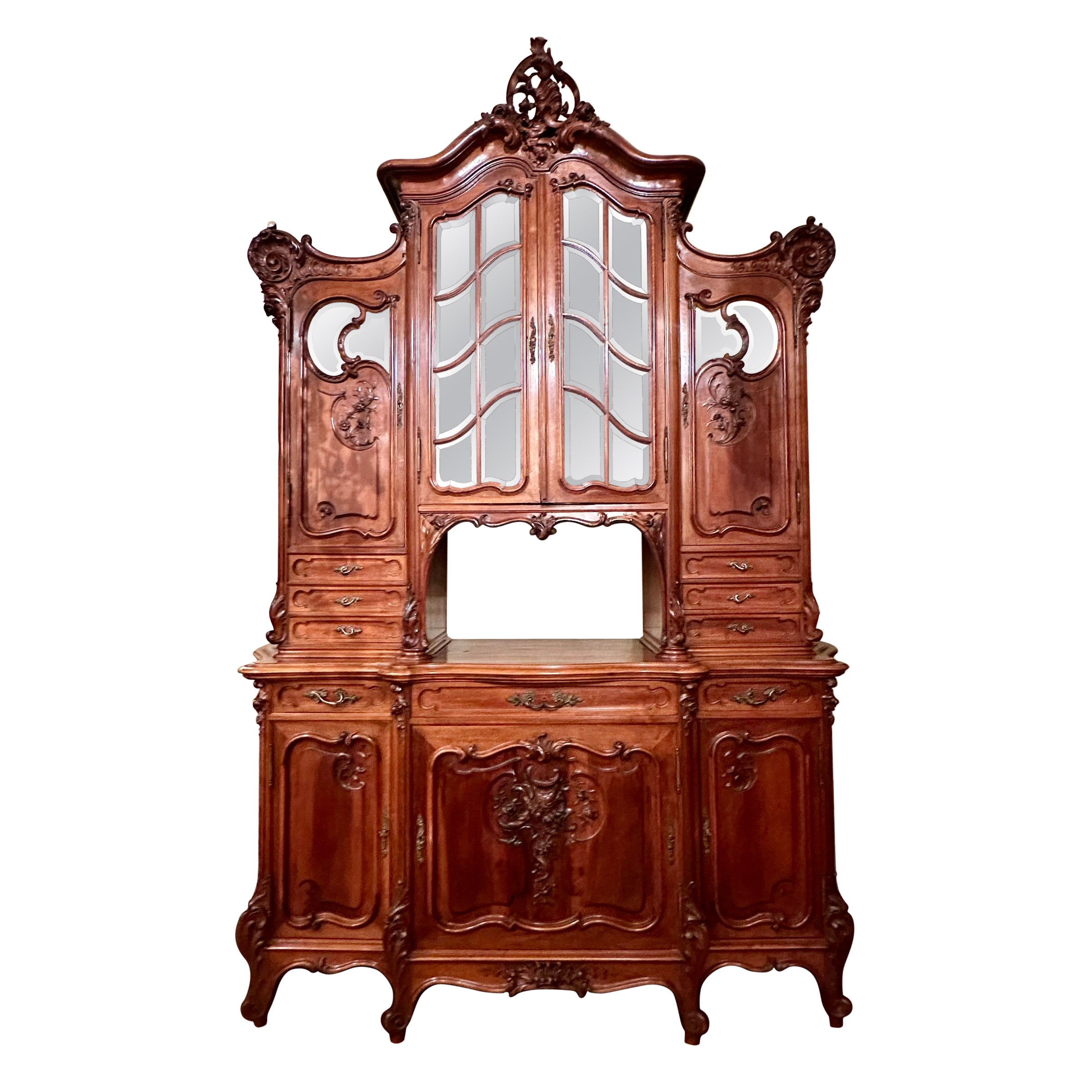 Antique 19th Century French Carved Walnut, Beveled Glass and Mirror Cabinet.