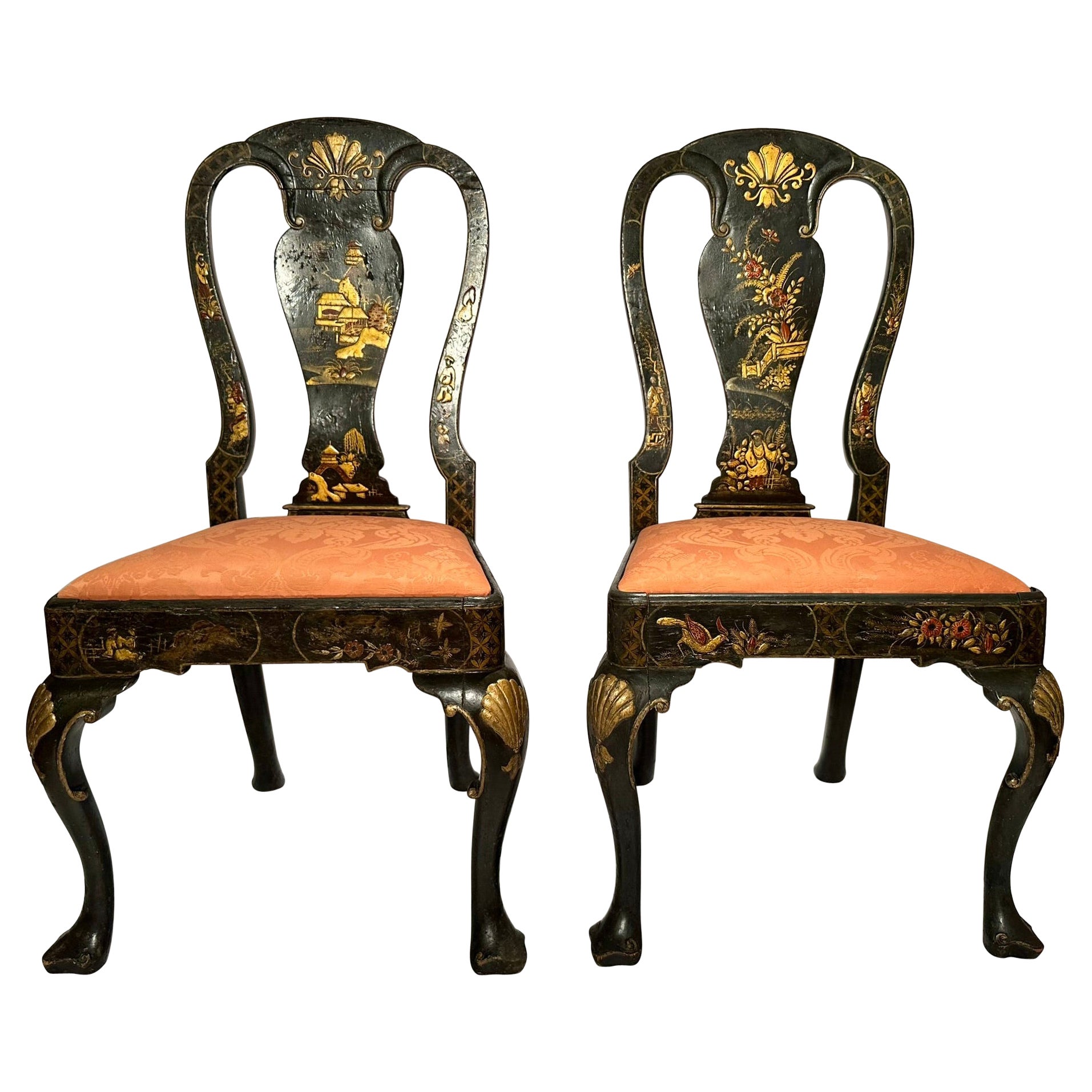 Pair Antique Late 19th Century English Chinoiserie Lacquered Side Chairs.