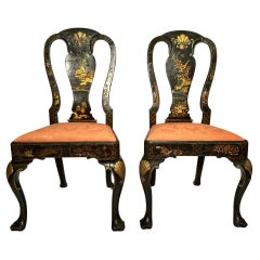 Pair Antique Late 19th Century English Chinoiserie Lacquered Side Chairs.