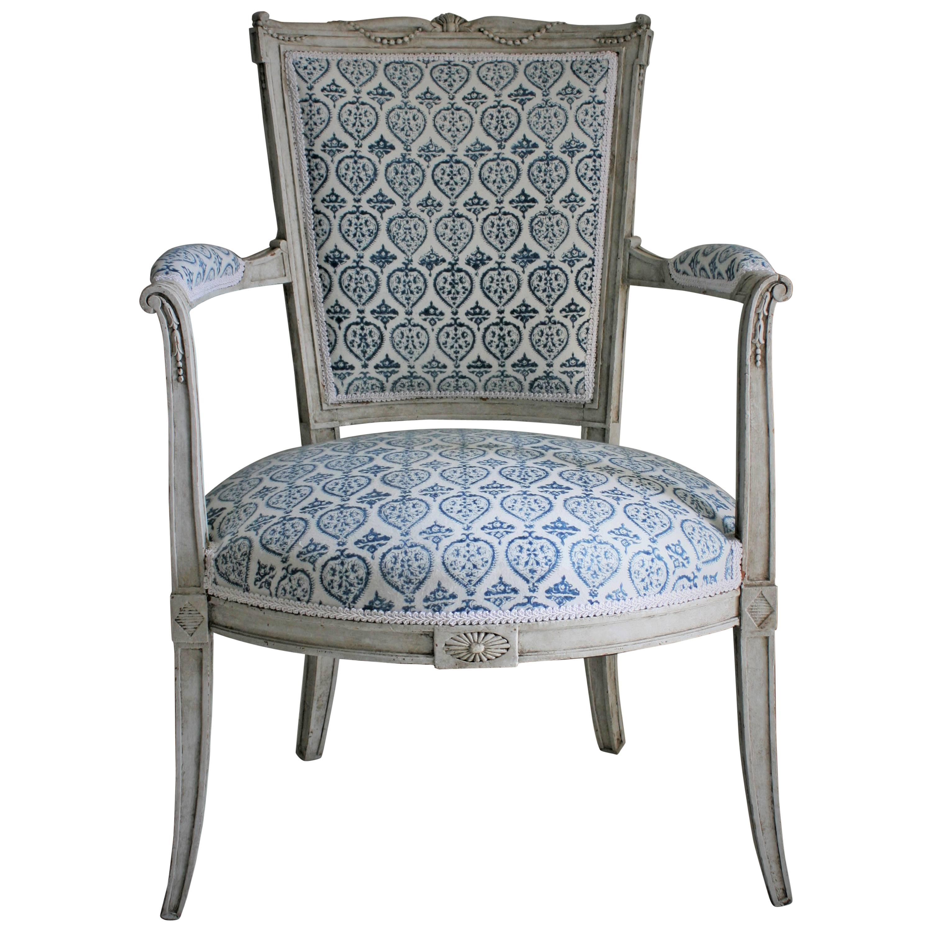 Late 19th Century French Empire Style Painted Armchair in French-Indie Fabric