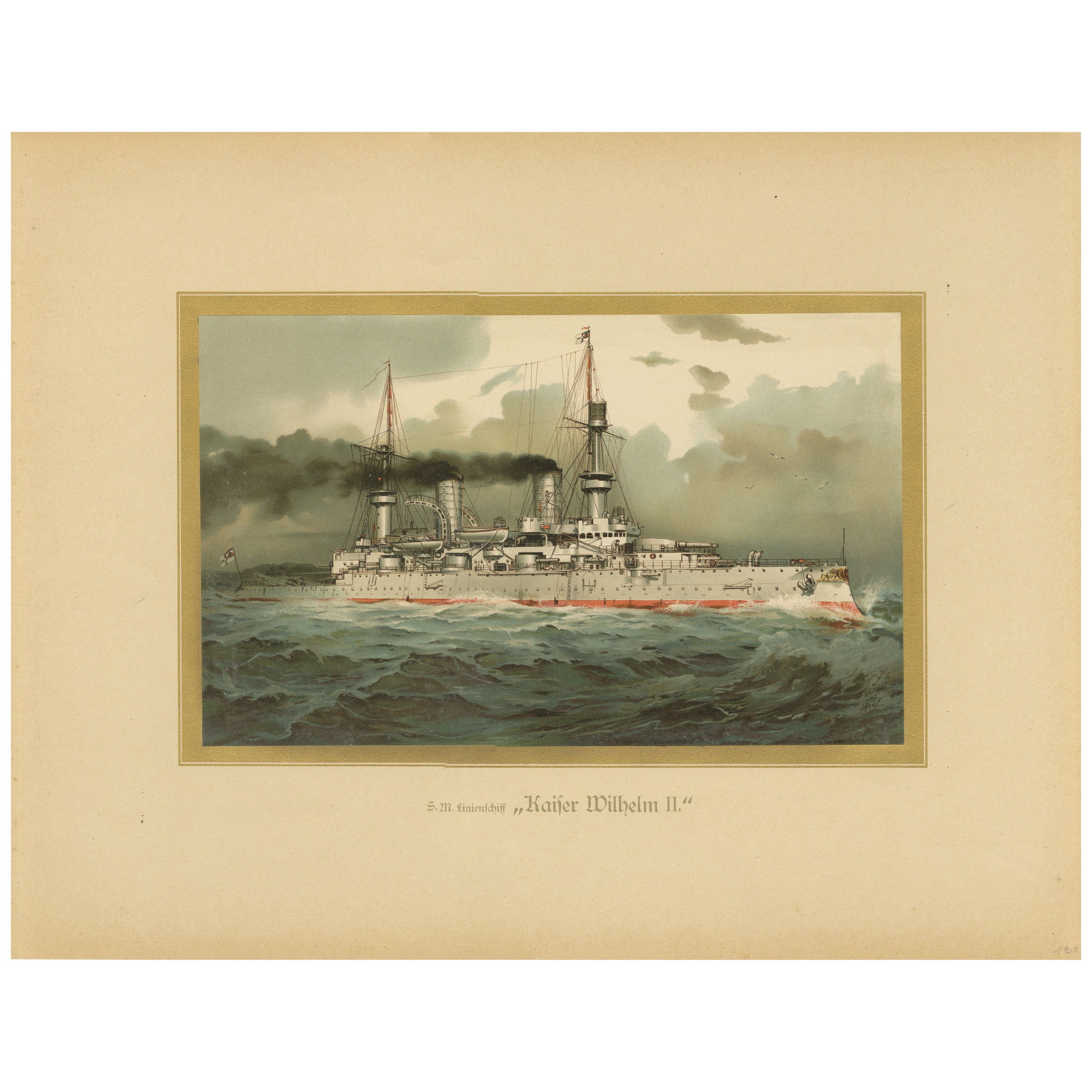 SMS Kaiser Wilhelm II: Buque insignia alemán en cromolitografía de H. Graf