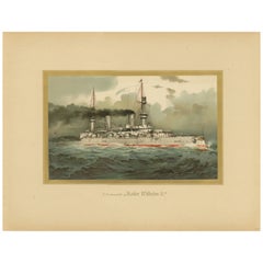 SMS Kaiser Wilhelm II: German Flagship Battleship in Chromolithograph by H. Graf