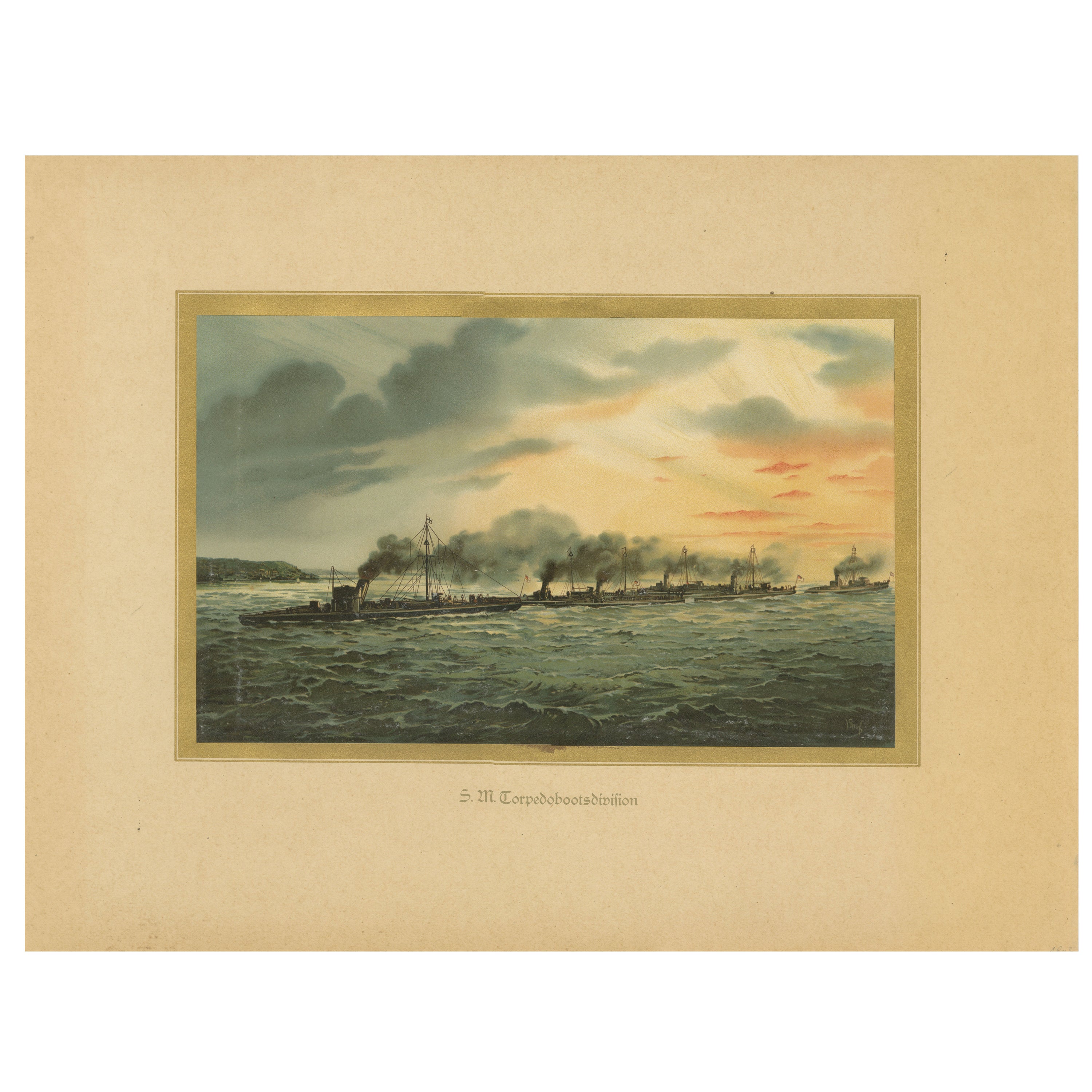 German Torpedo Boat Division at Sea – 1903 Chromolithograph by Hugo Graf For Sale