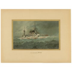 Antique SMS Wörth: German Pre-Dreadnought Battleship in Stormy Seas – 1903 Chromolitho