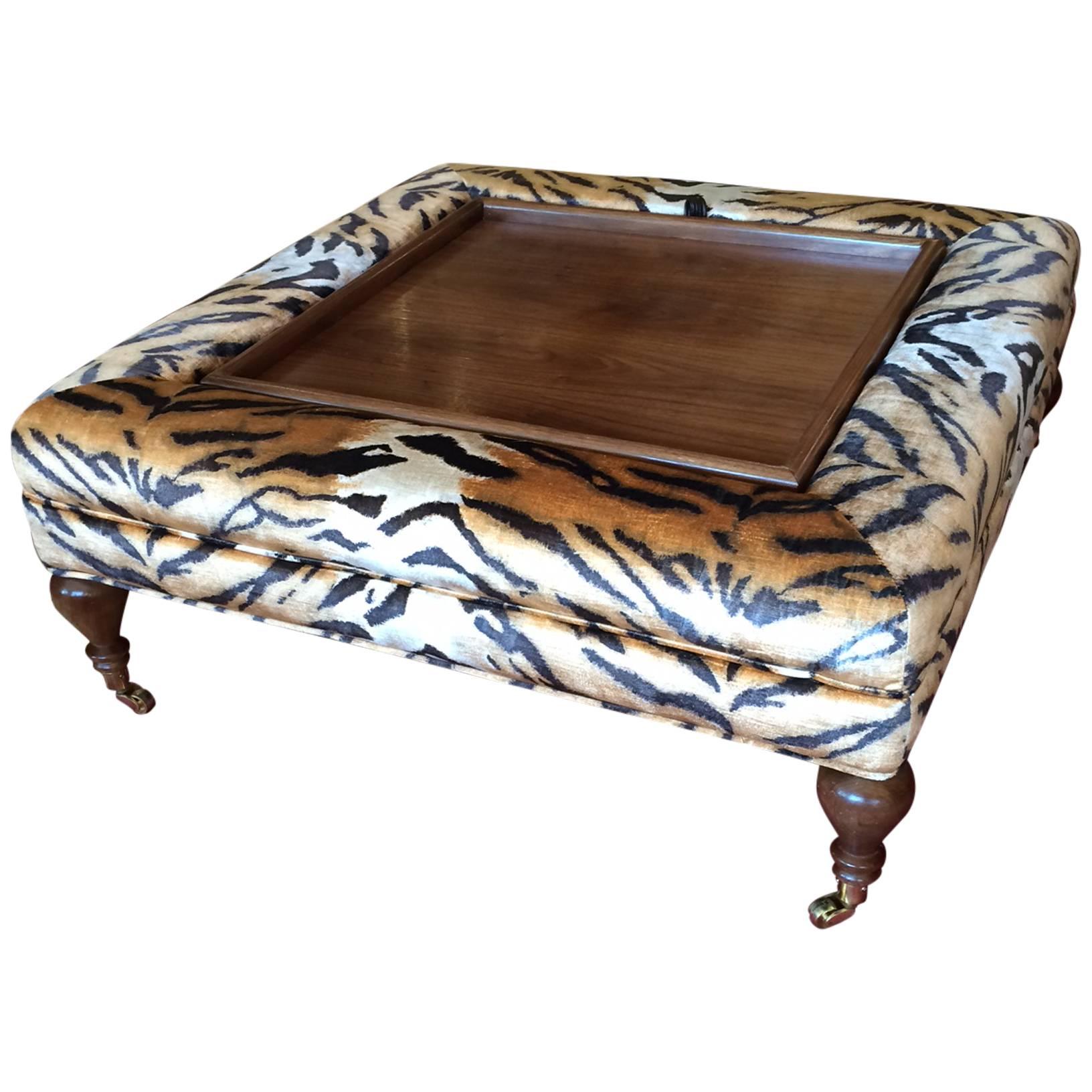 Flip-Top Ottoman Coffee Table Upholstered in Scalamandre Faux Tiger