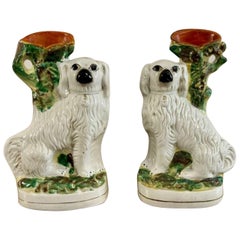 Coppia di antichi vasi vittoriani con spaniel dello Staffordshire di alta qualità