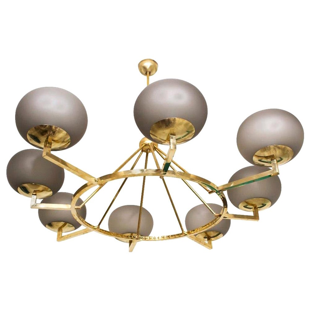 Brass and Grey Opaline Murano Glass Large Modern Chandelier