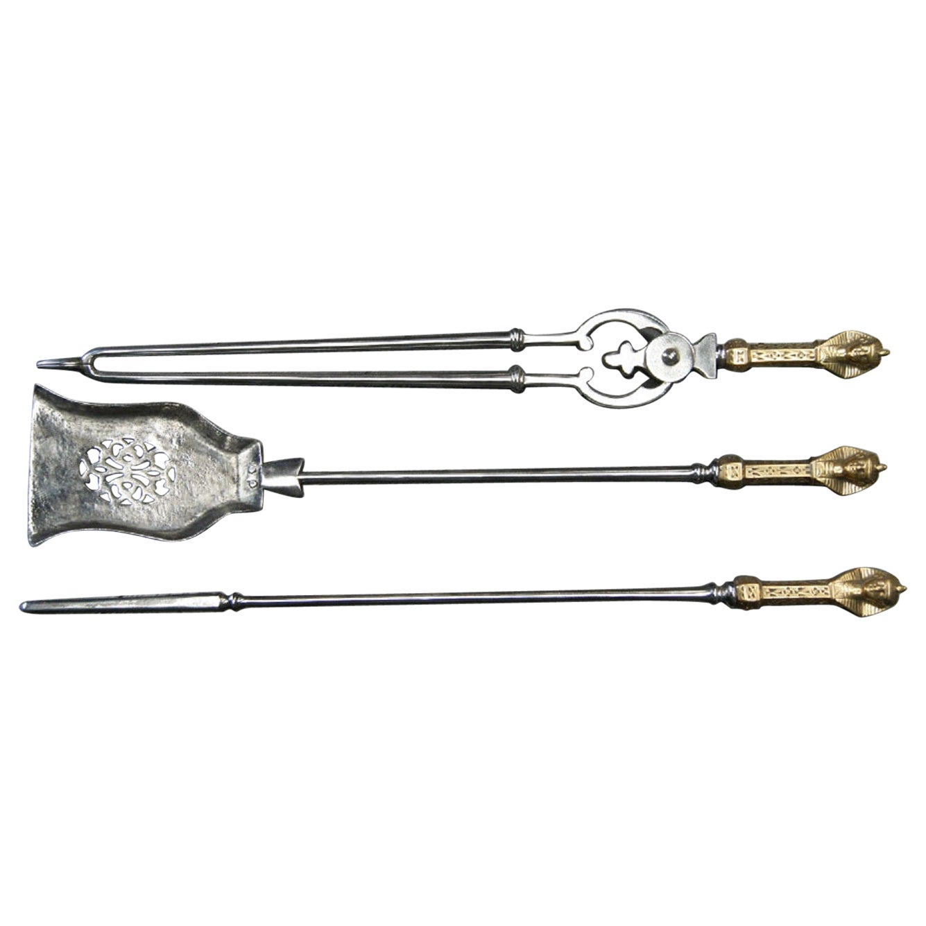 A Set of Brass & Steel Egyptian Pharaoh Fireplace Fire Irons