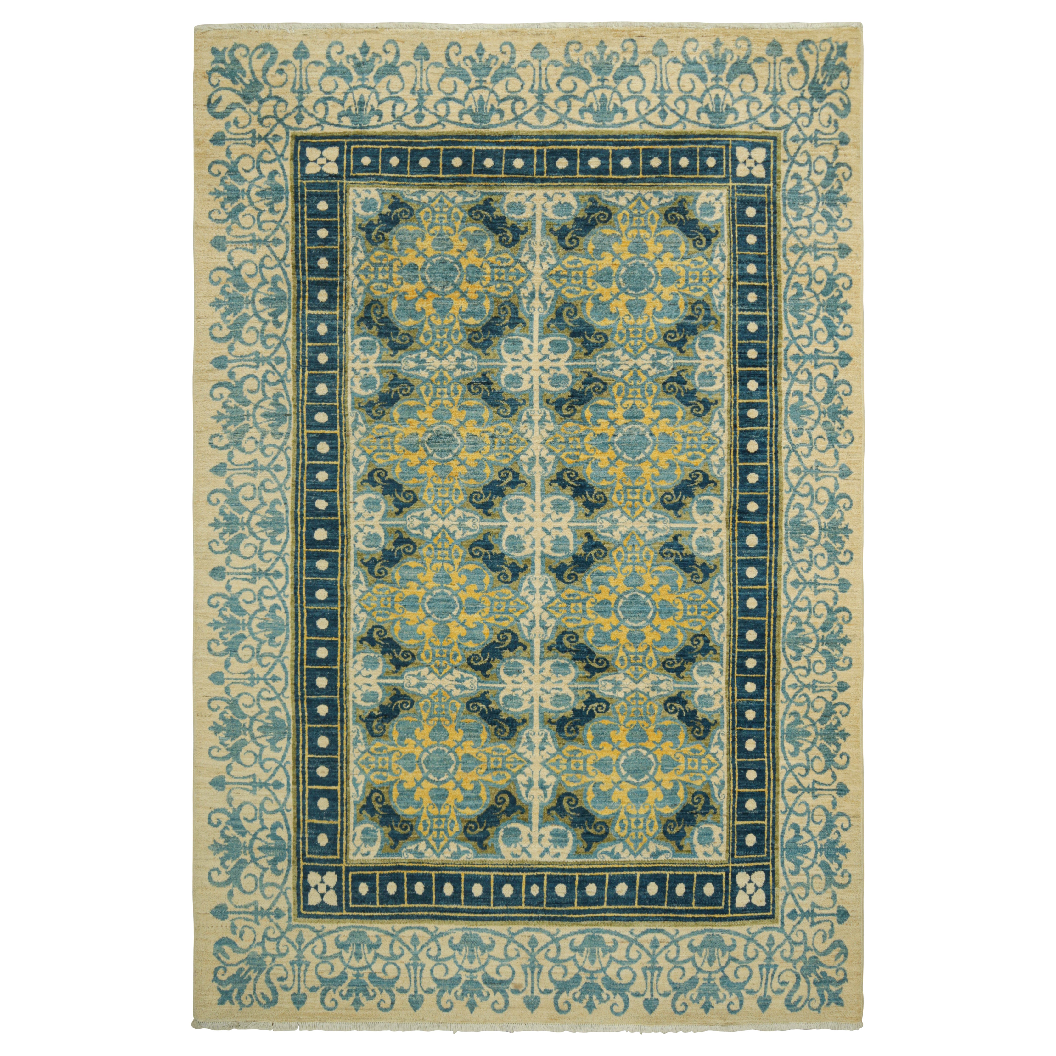 Rug & Kilim’s Modern Classics Rug in Cream, Blue & Yellow, with Floral Patterns For Sale