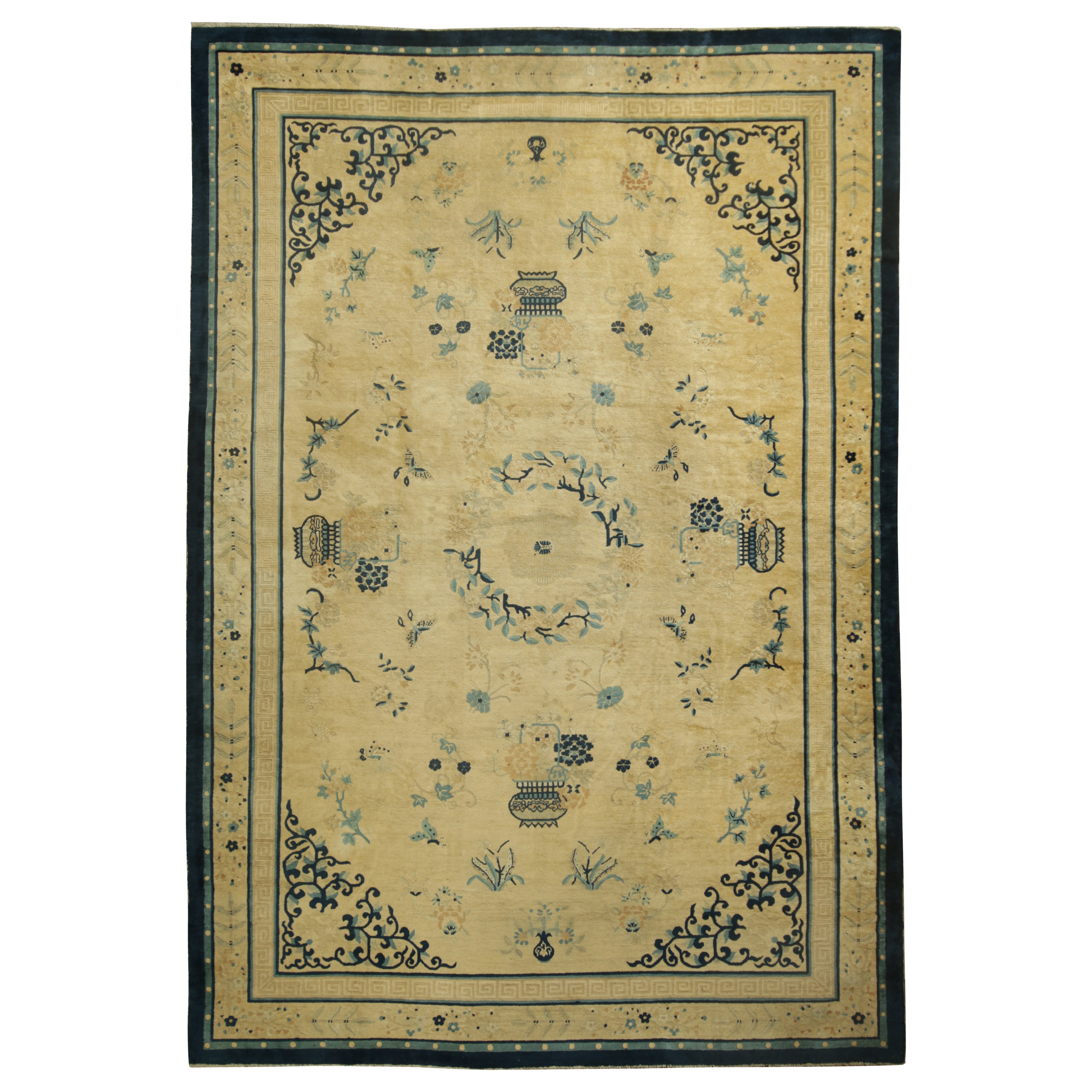 Antique Chinese Peking Rug in Cream & Blue Florals and Pictorials  Rug & Kilim