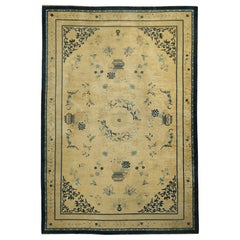 Antique Chinese Peking Rug in Cream & Blue Florals and Pictorials  Rug & Kilim