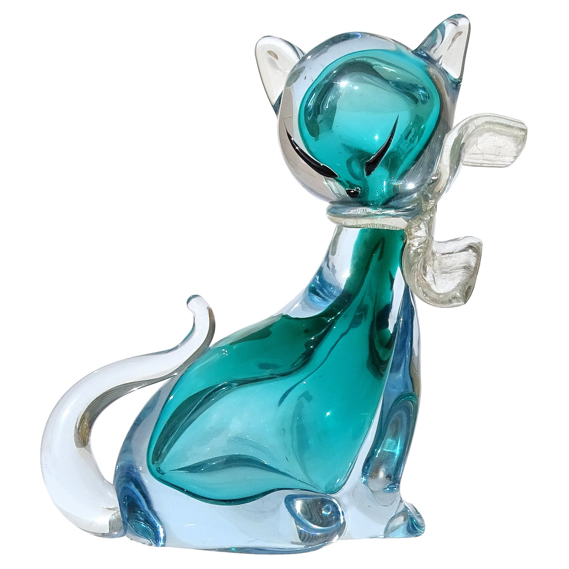 Barbini Murano Sommerso Aqua Blue Gold Leaf Figurina di gatto in vetro artistico italiano in vendita