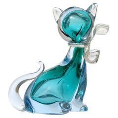 Figurine de chat Kitty Barbini Murano Sommerso en verre d'art italien bleu aqua et feuille d'or