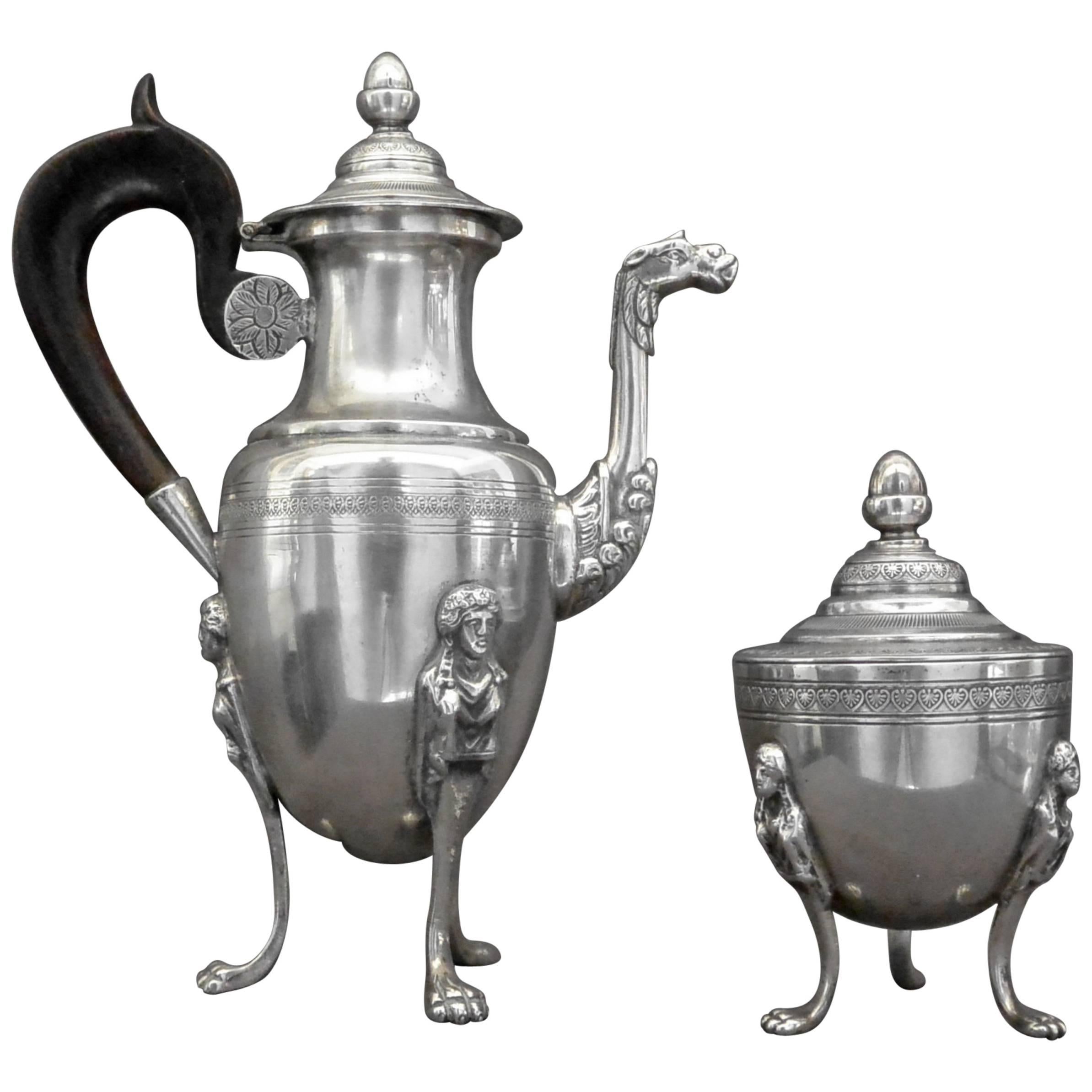 Italian Neoclassical Silver Coffee Pot and Sugar Bowl For Sale