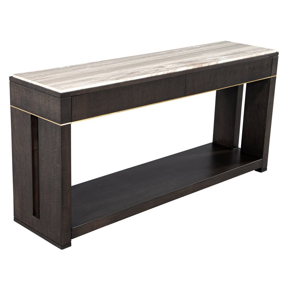 Modern Marble Top Walnut with Brass Detail Console Table