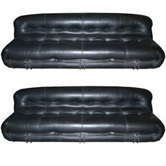 Pair of Black Leather Soriana Sofas by Afra and Tobia Scarpa for Cassina