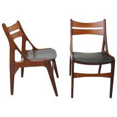 Two Teak Wooden Dining Chairs Dark Green Leather Danish, 1960s