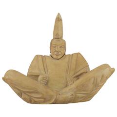 Mid-Century Bleached Wood Sculpture of a Seated Shinto Priest 10