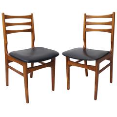 Two Dining Chairs Teak Wooden Black Faux Leather Topform 1950s Dutch