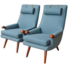 Pair of Mid-Century Lounge Chairs Teak Accents New Blue Wool, Helmut Krutz