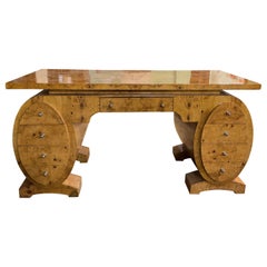 20th Century French Art Deco Pedestal Olive Ash Burl Executive Desk