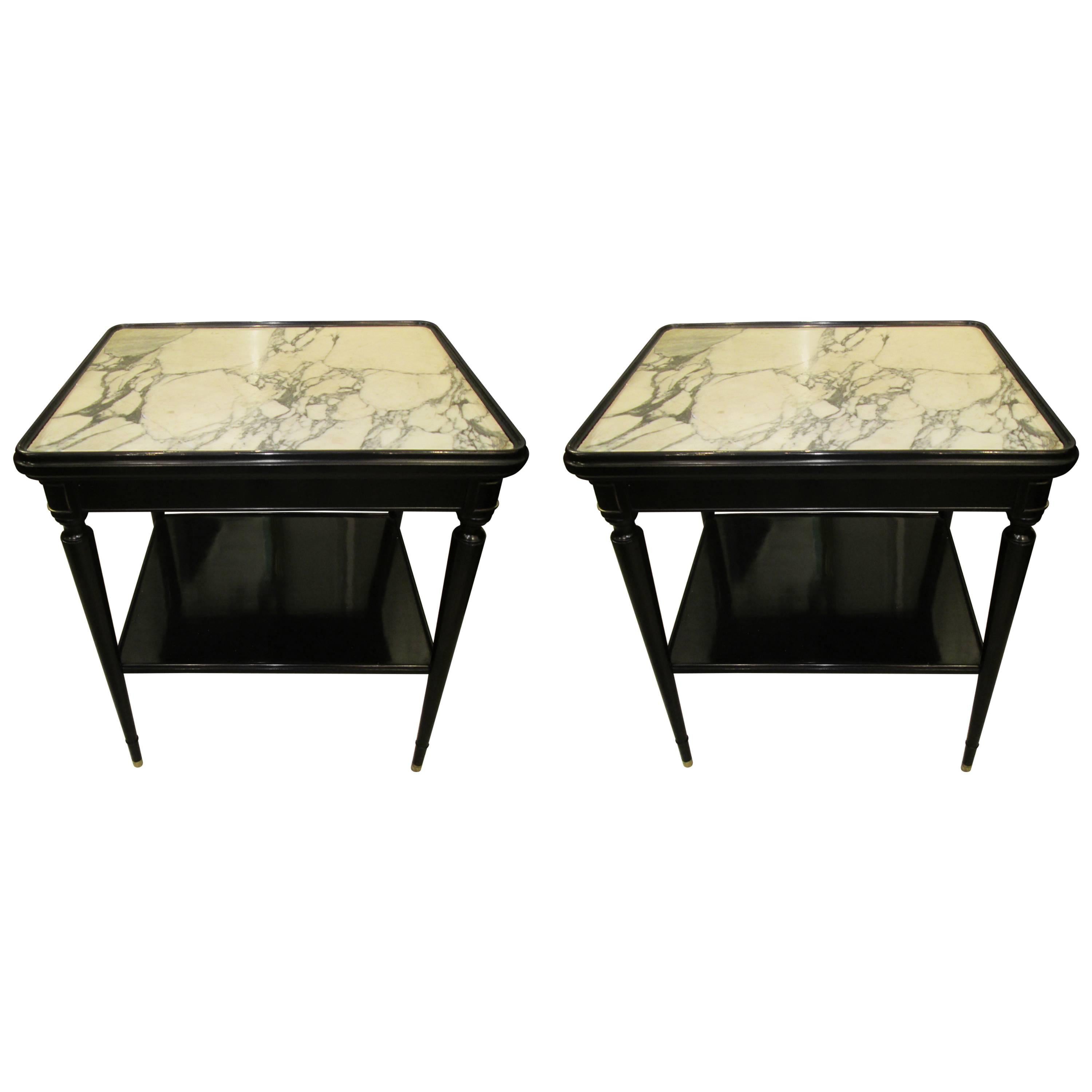Pair of  French Ebonized Marble-Top Nightstands with Shelves