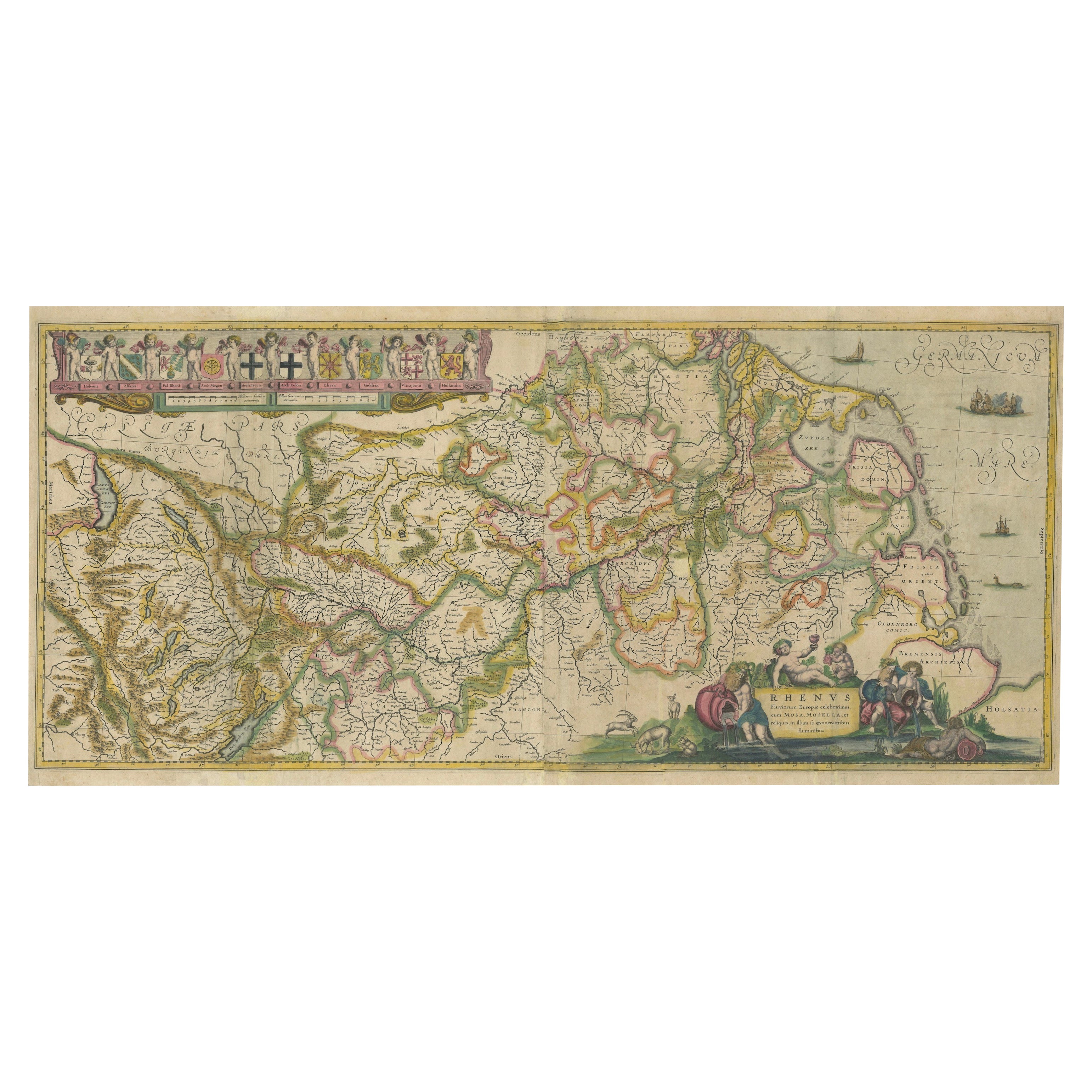 Carte originale du Rhin dans le Saint Empire romain germanique par Janssonius, c.1645 en vente