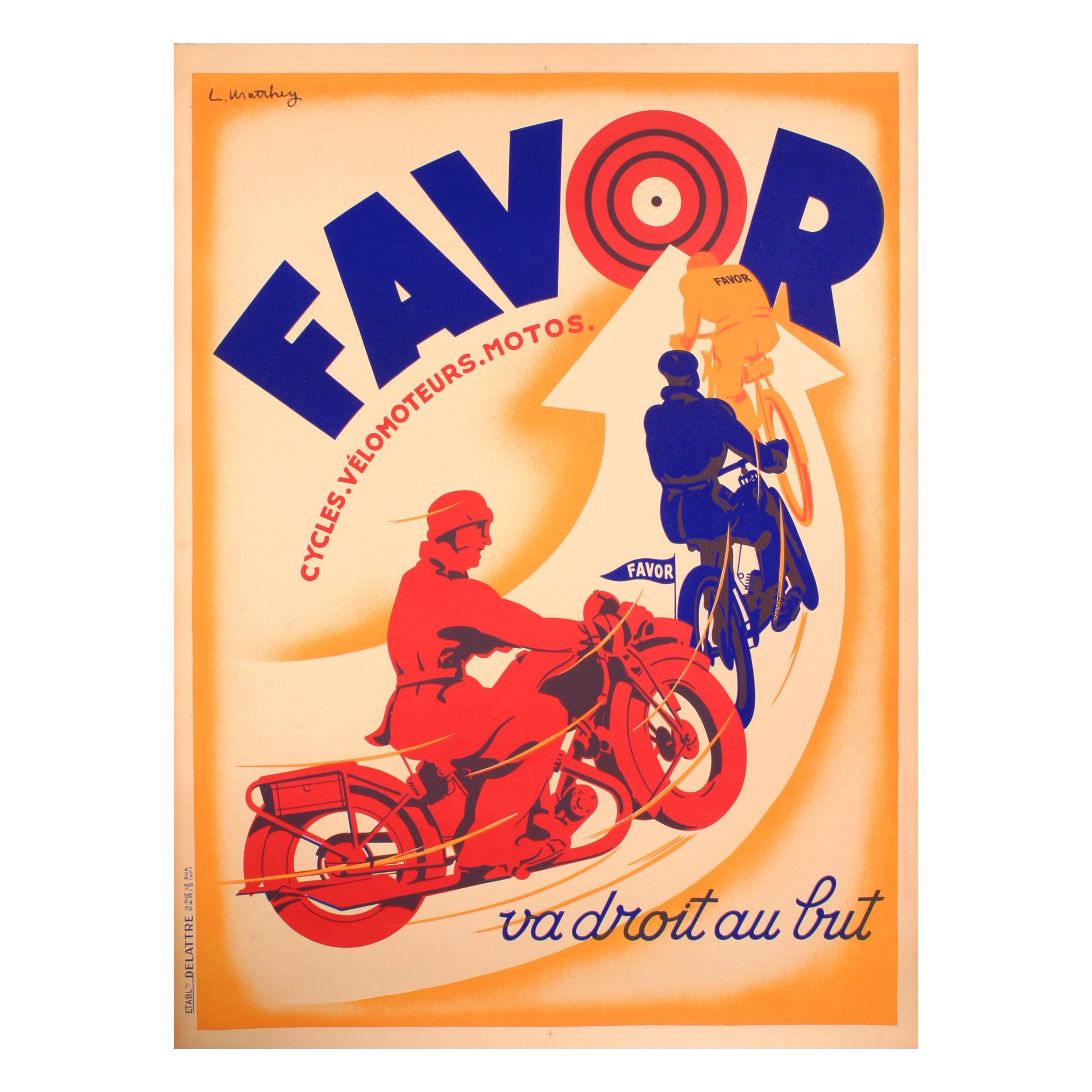 Matthey, Poster originale di motocicletta Art Deco, bomboniera, ciclomotore, 1925