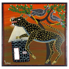 Escuela africana Tingatinga, óleo de leopardo y aves, años 70
