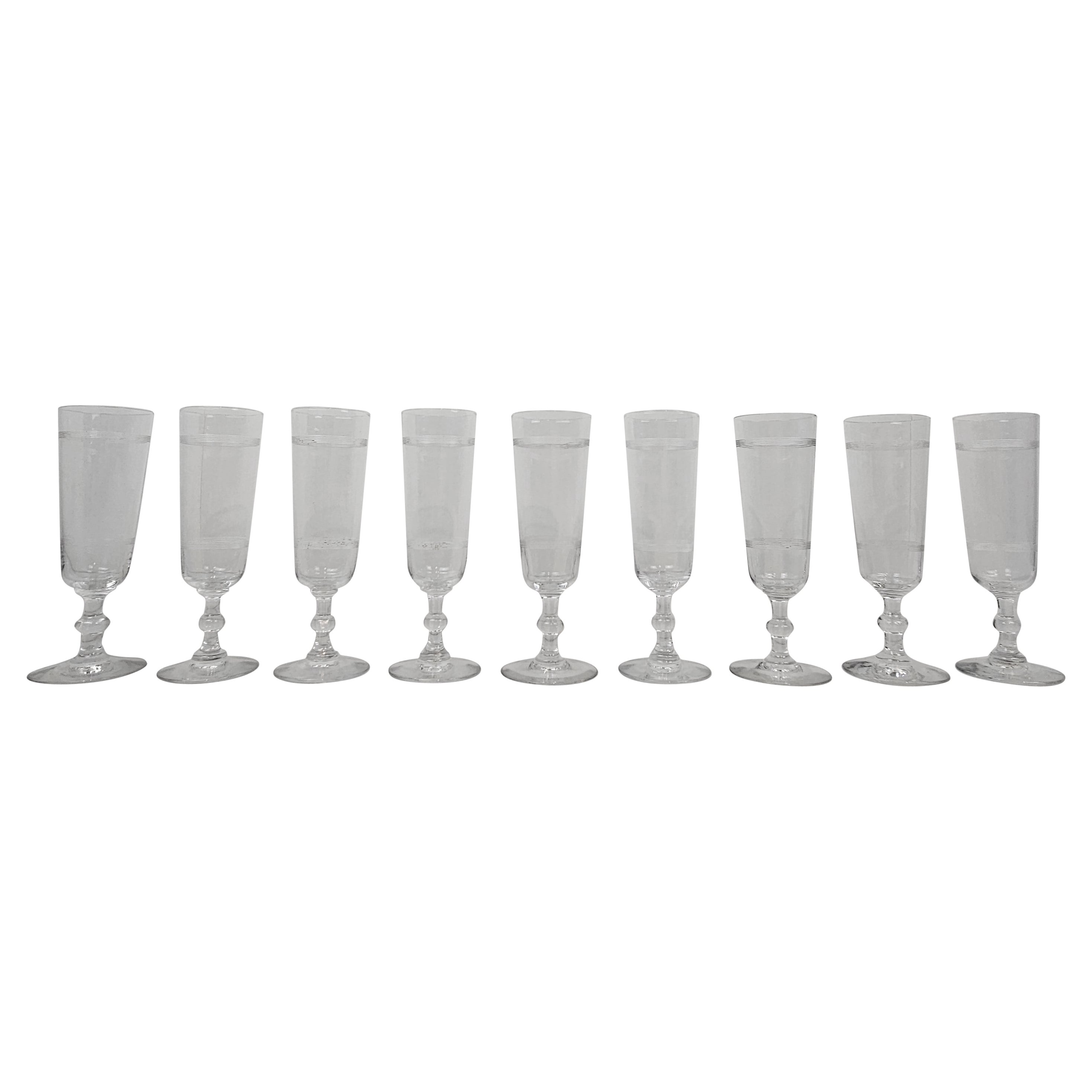 Set of Nine French Champagne Flutes in Crystal Glass, Ca. 1890 For Sale