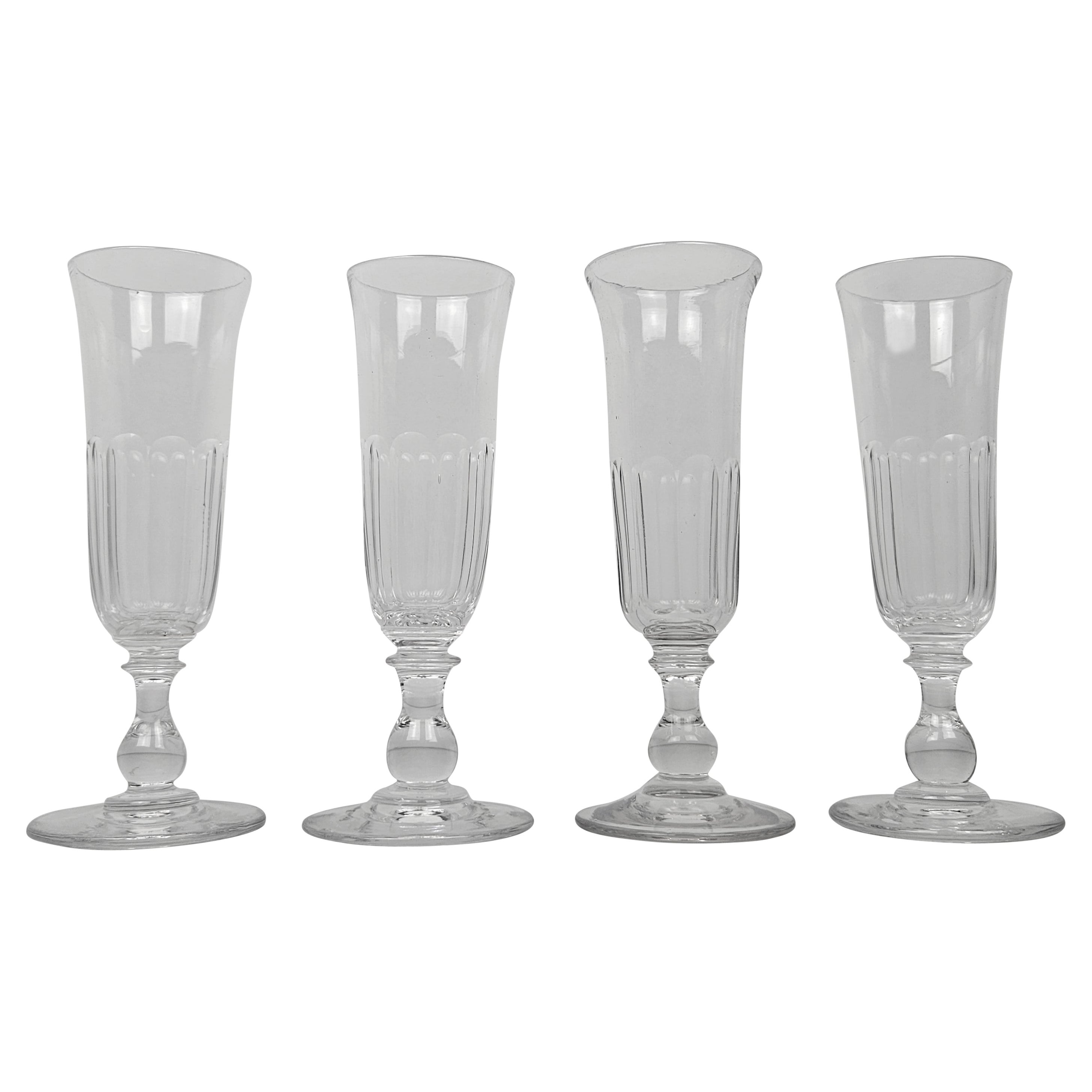 Set of 4 French Champagne Flutes in Crystal Glass, Ca. 1870