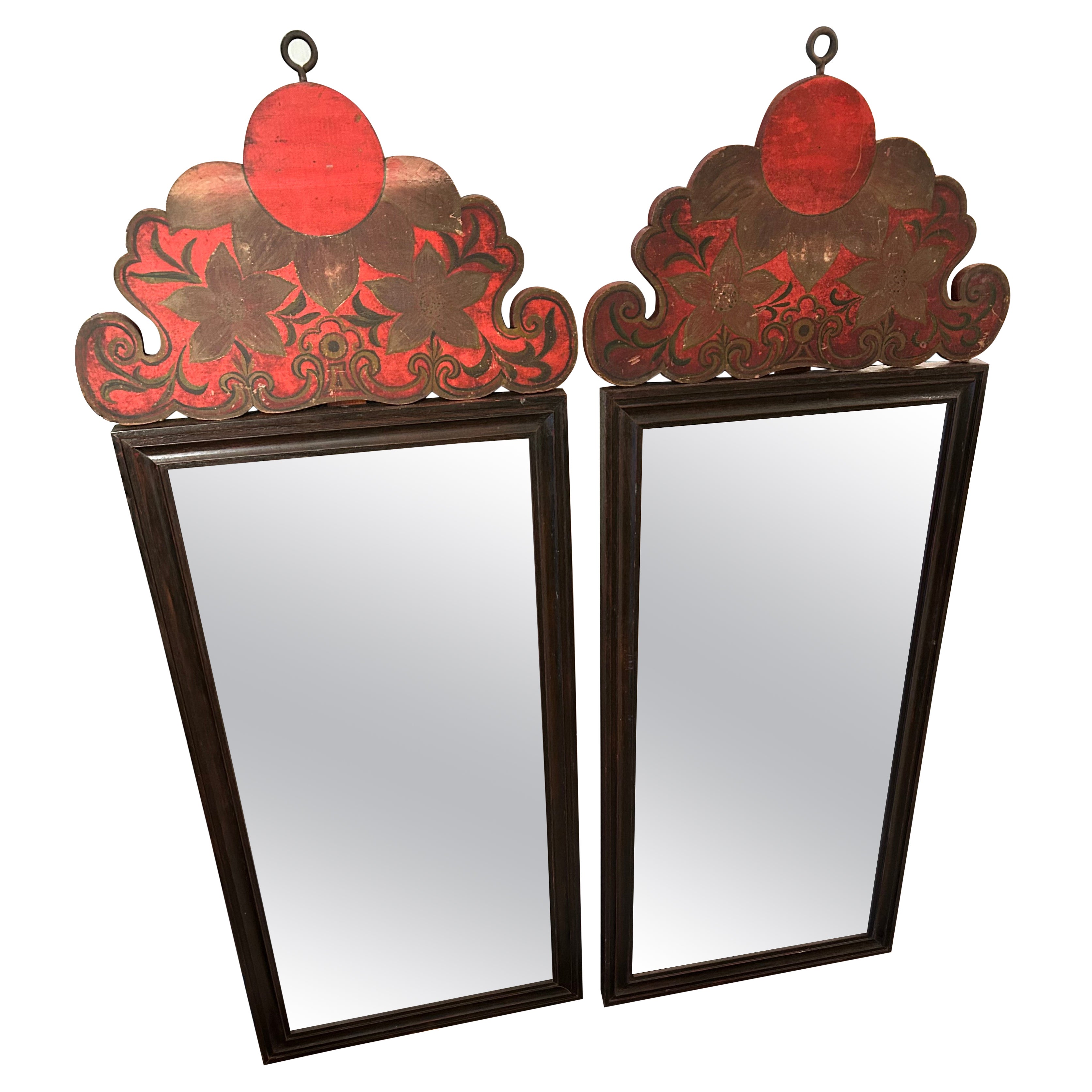 Paire de miroirs rectangulaires en bois vintage avec soleil levant japonais