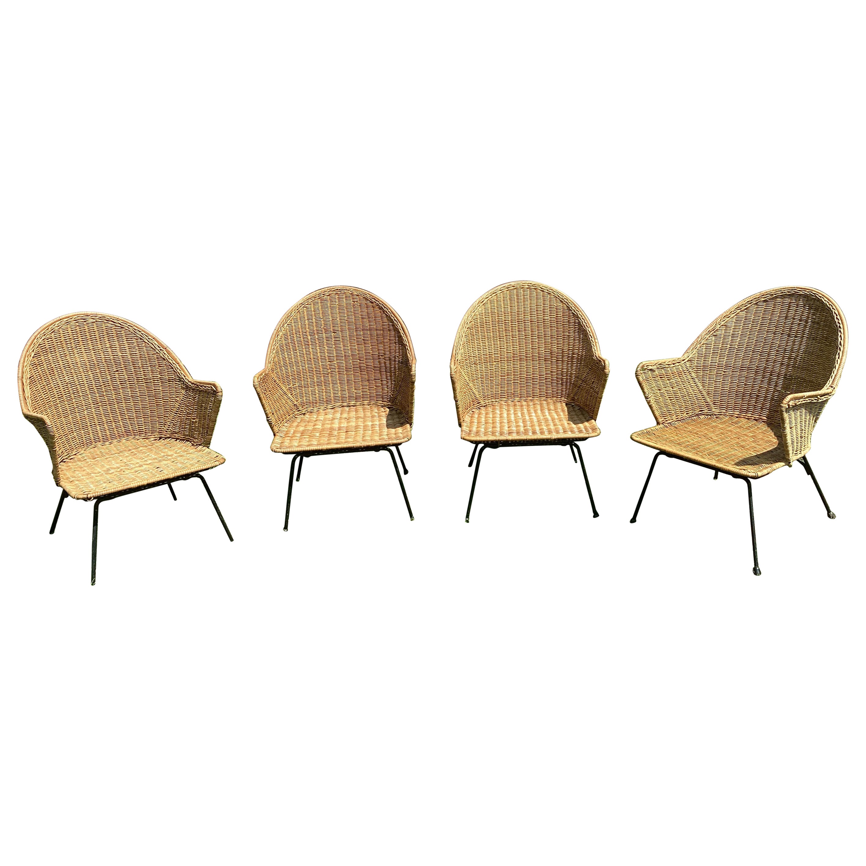 Set of four Vintage Wicker and Iron Lounge Chairs
