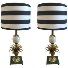 Vintage Brass and Ostrich Egg Lamps with Porta Romana Striped Shades