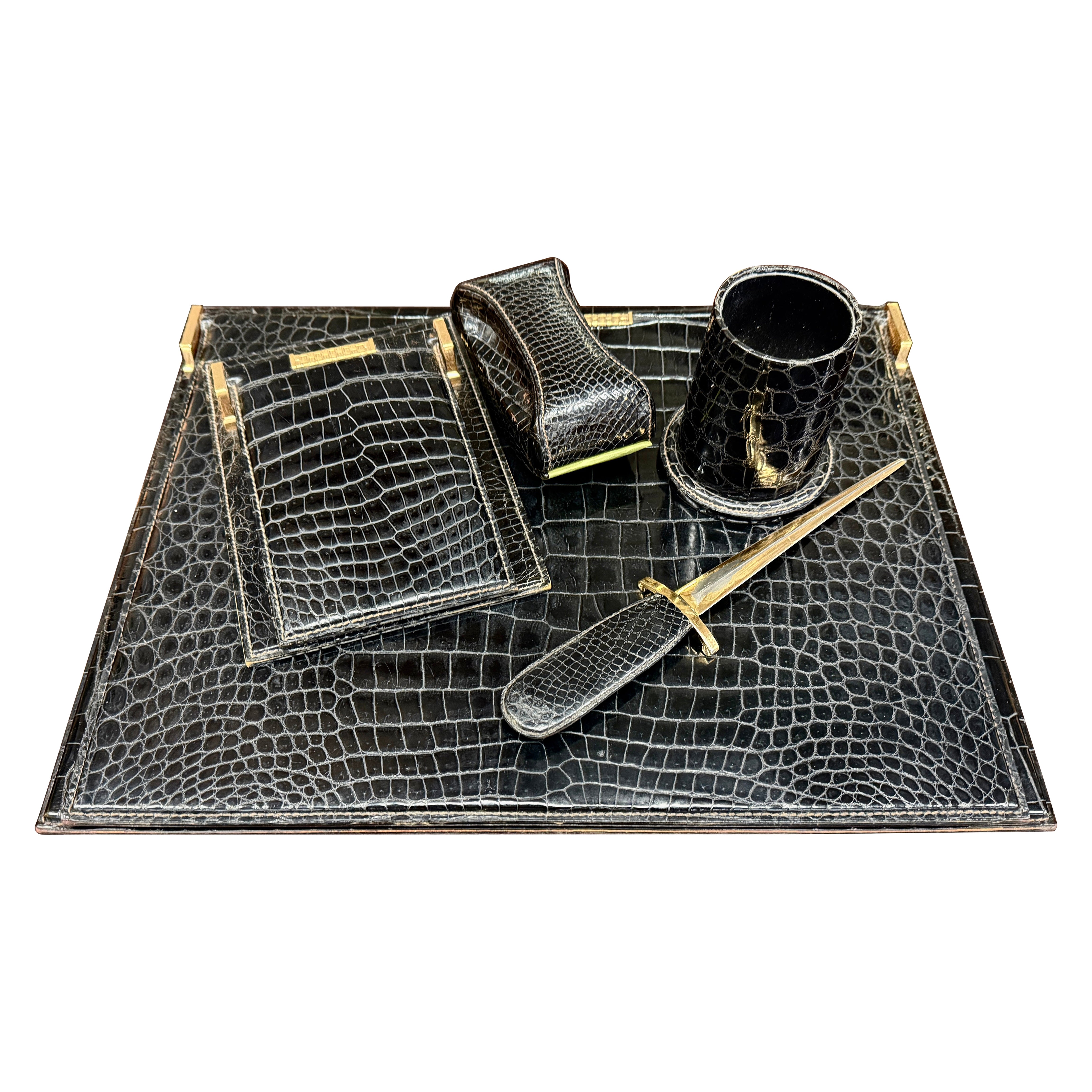 Gucci 5 Piece Desk Set in Crocodile/Alligator Gifted by Frank Sinatra