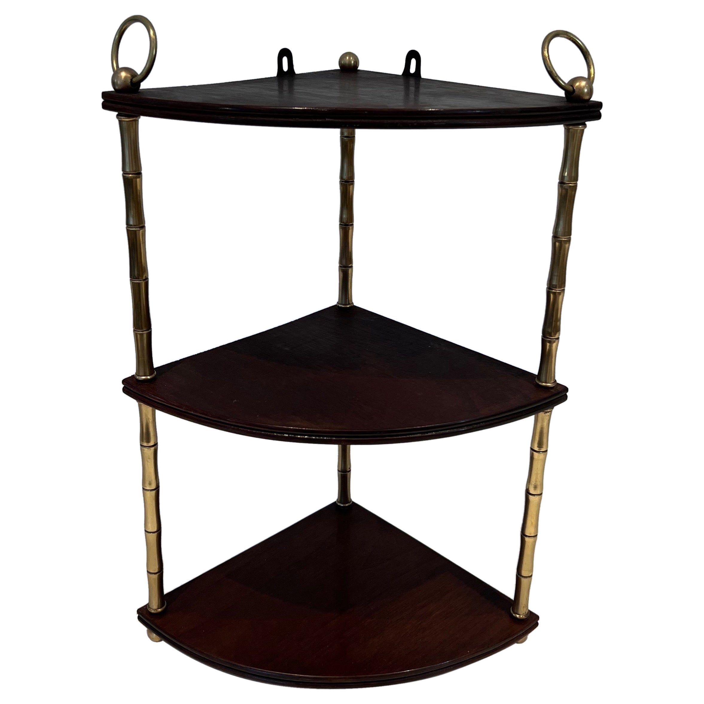 Corner Shelves Made of Faux-Bamboo Brass and Wood in the Style of Maison Baguès For Sale