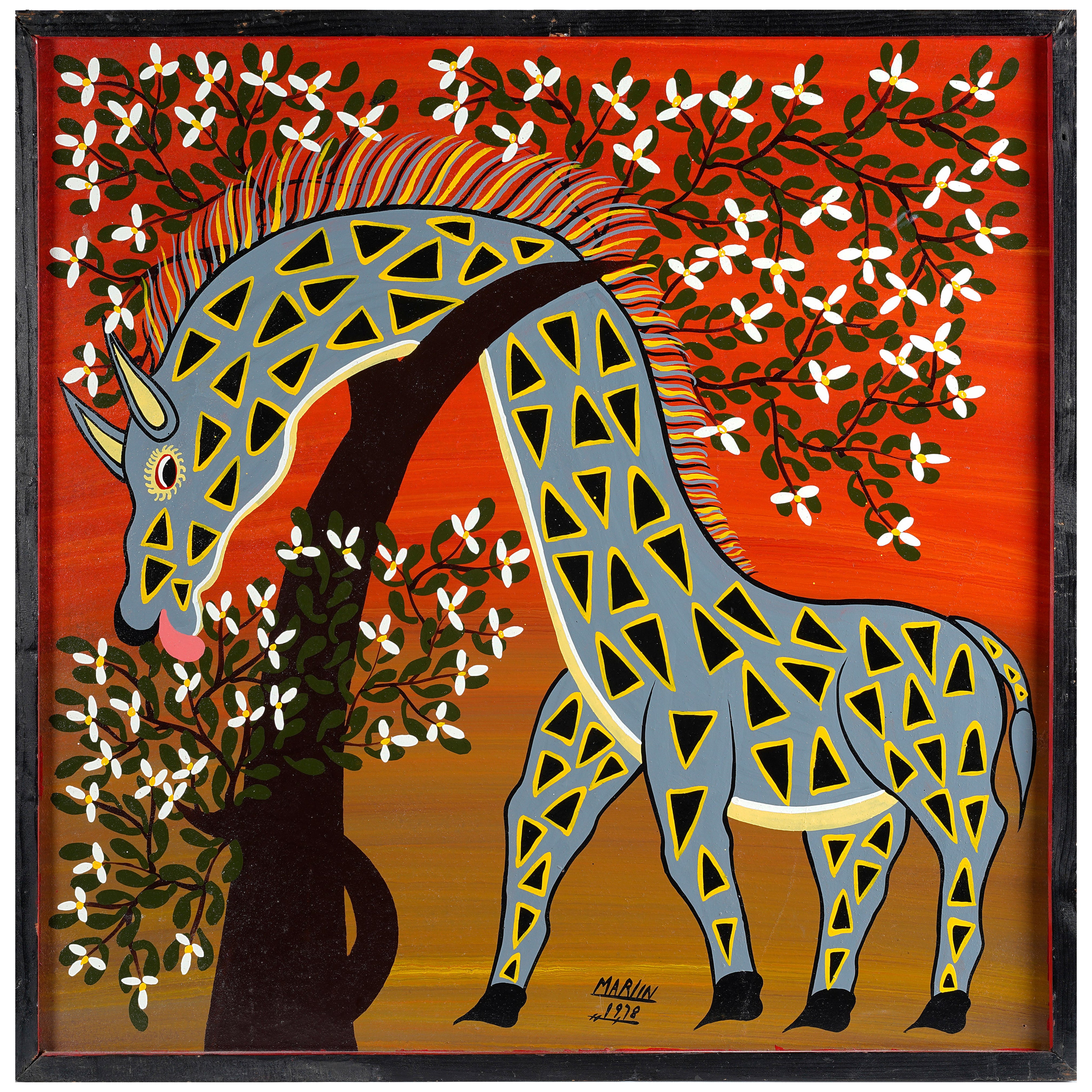 African Tingatinga school, oil painting of a giraffe, 1978