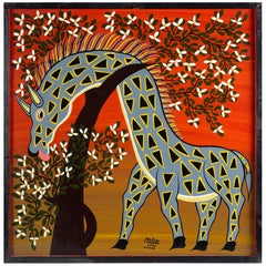 African Tingatinga school, oil painting of a giraffe, 1978