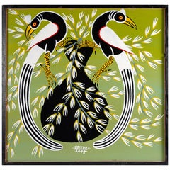Scuola africana Tingatinga, dipinto a olio di due uccelli, firmato Massani 1978