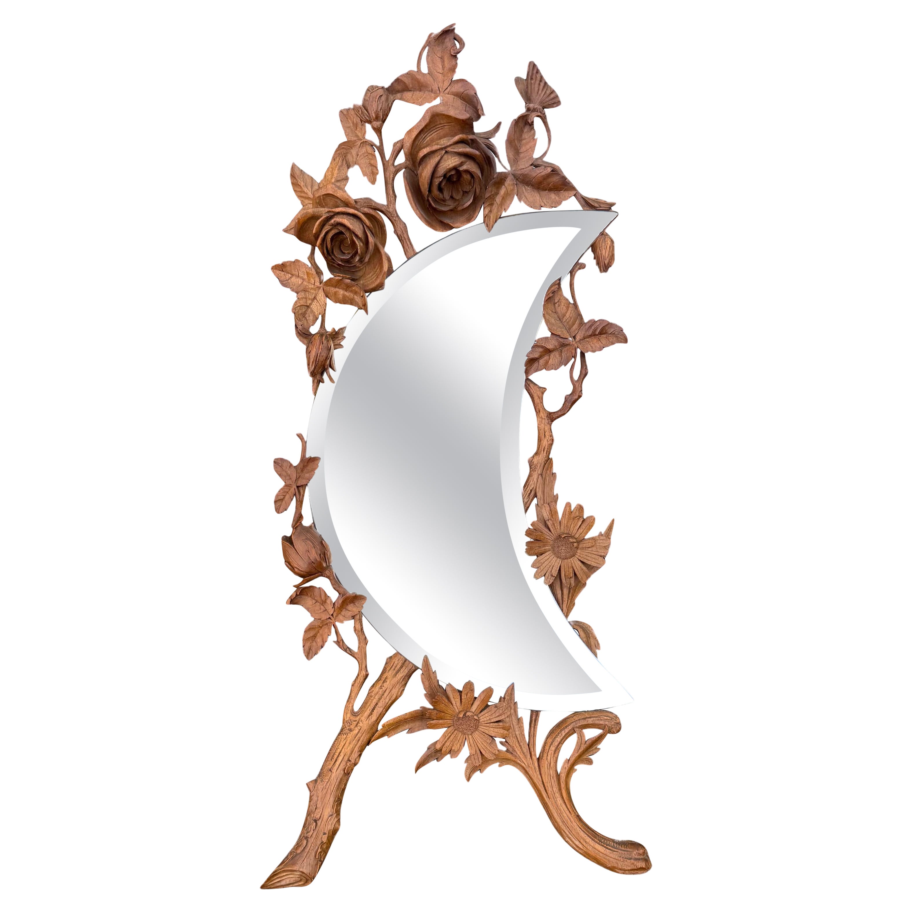 Einzigartiger handgeschnitzter Jugendstil-Spiegel - Rosen, Schmetterling & Natural Elegance