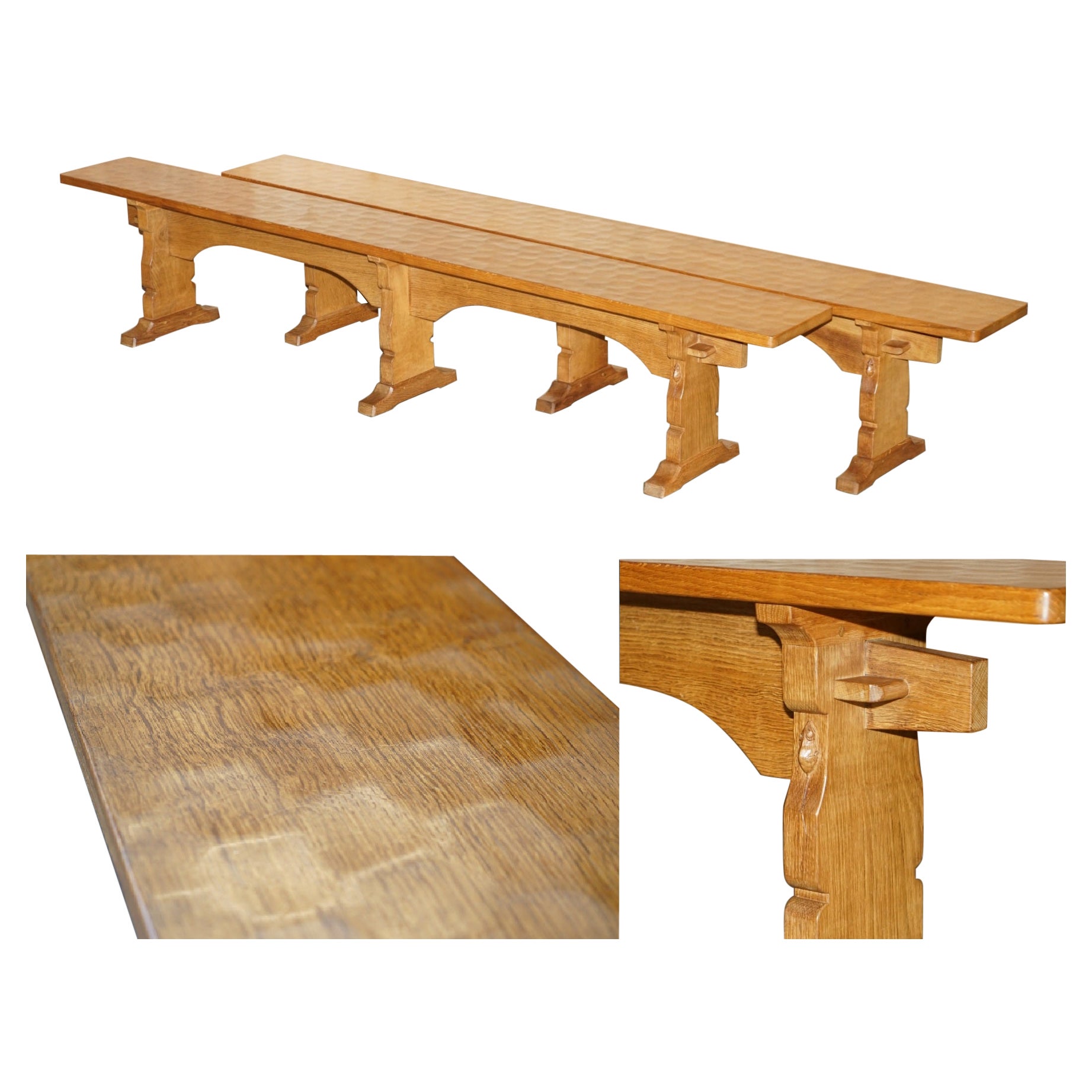 PAIR OF ViNTAGE ADZED ROBERT MOUSEMAN THOMPSON DINING ROOM TABLE PEW BENCHES