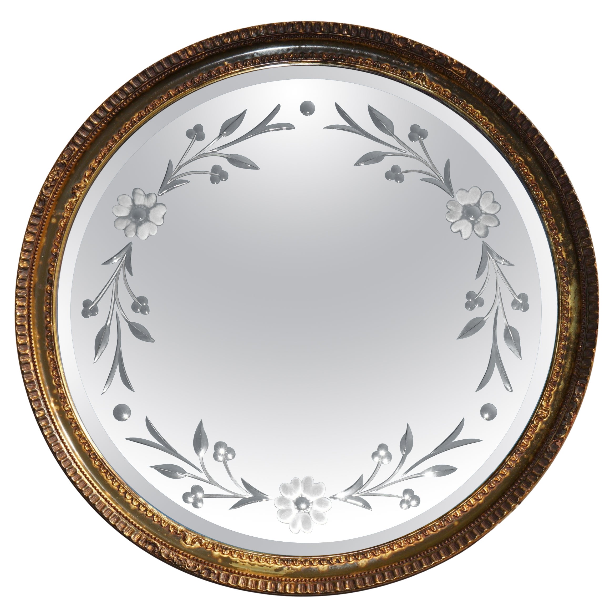 MIRROR ROUND MIRROR EN GLASS ETCHED VENETIAN avec FRAME EN LEFT OR, CiRCA 1930 en vente
