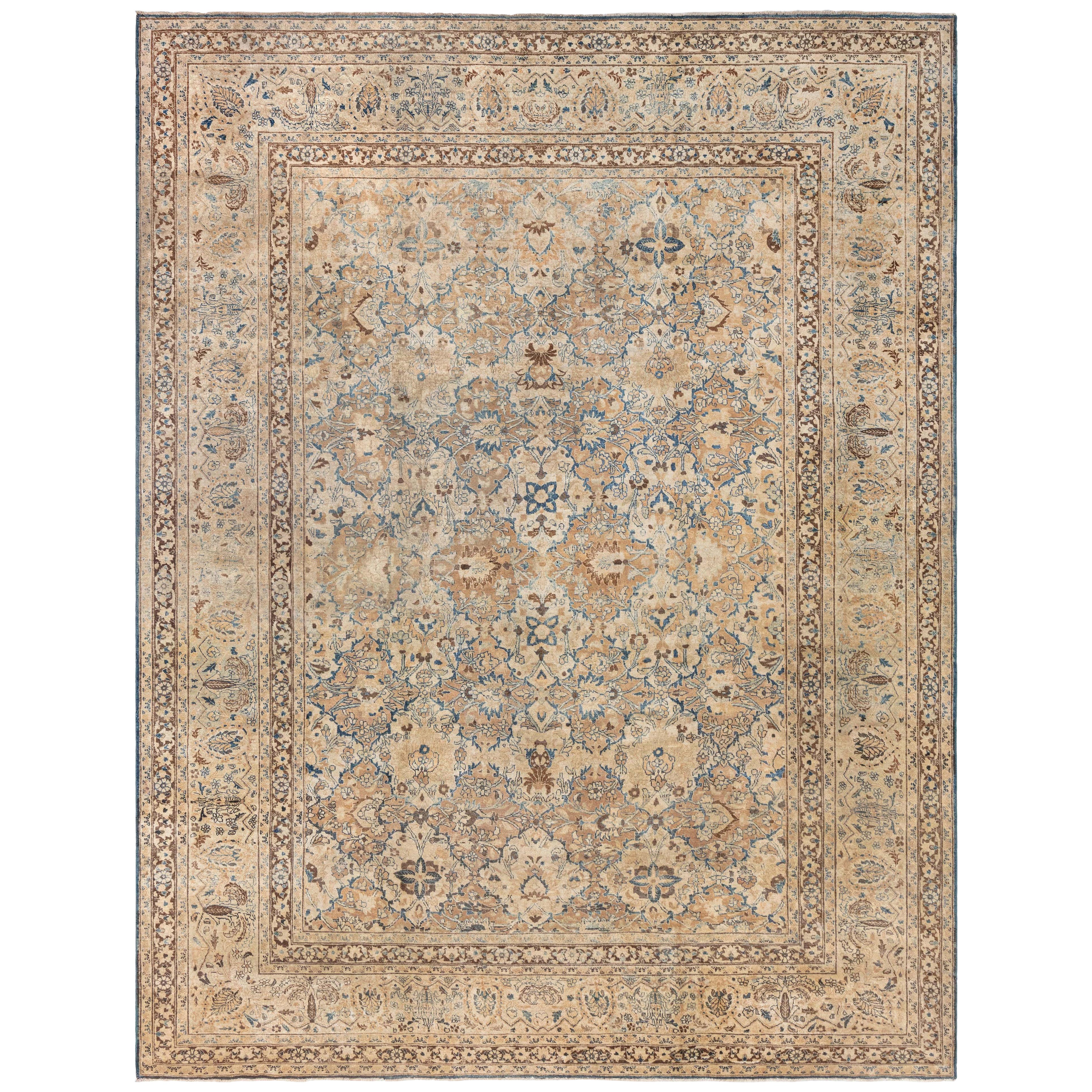 Doris Leslie Blau 1900s Persisch Meshad Botanisch Blau Braun Handgeknüpft Wollteppich im Angebot
