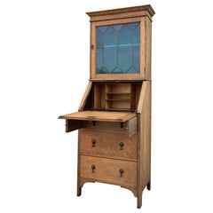 Meuble de bureau anglais ancien des années 1930 avec vitrine et tiroirs en verre