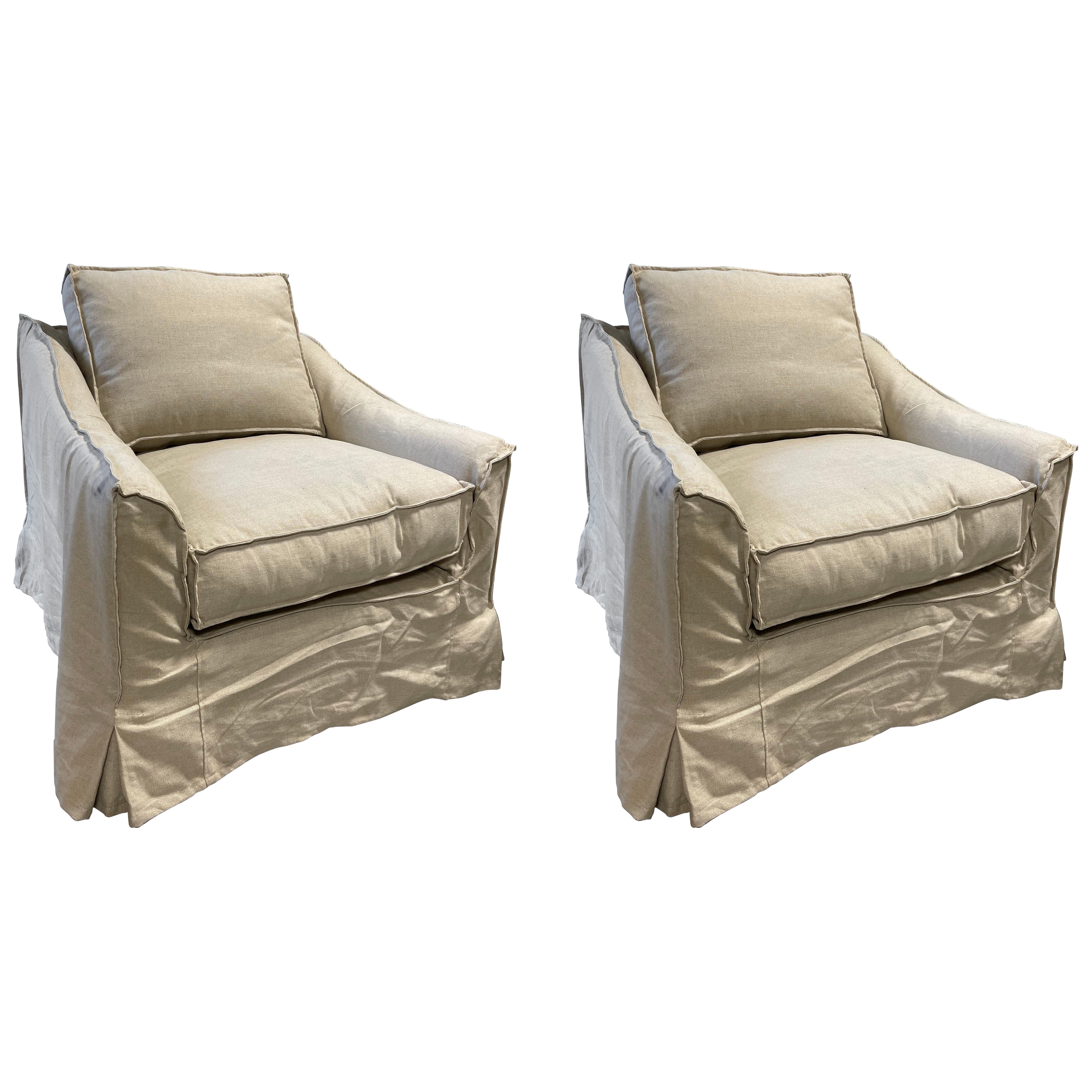 Pair of Club Chairs in Neutral Linen with Down Cushions, 21st Century