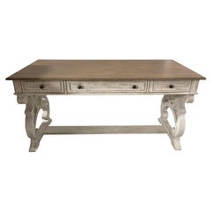 White Washed Four-Drawer Desk and Wood Color Top and Stretcher, 21st Century