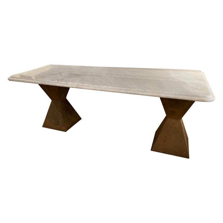 Marble Topped Dining Table with Brancusi Style Steel Base Marble Topped Dining Table with Brancusi Style Steel Base