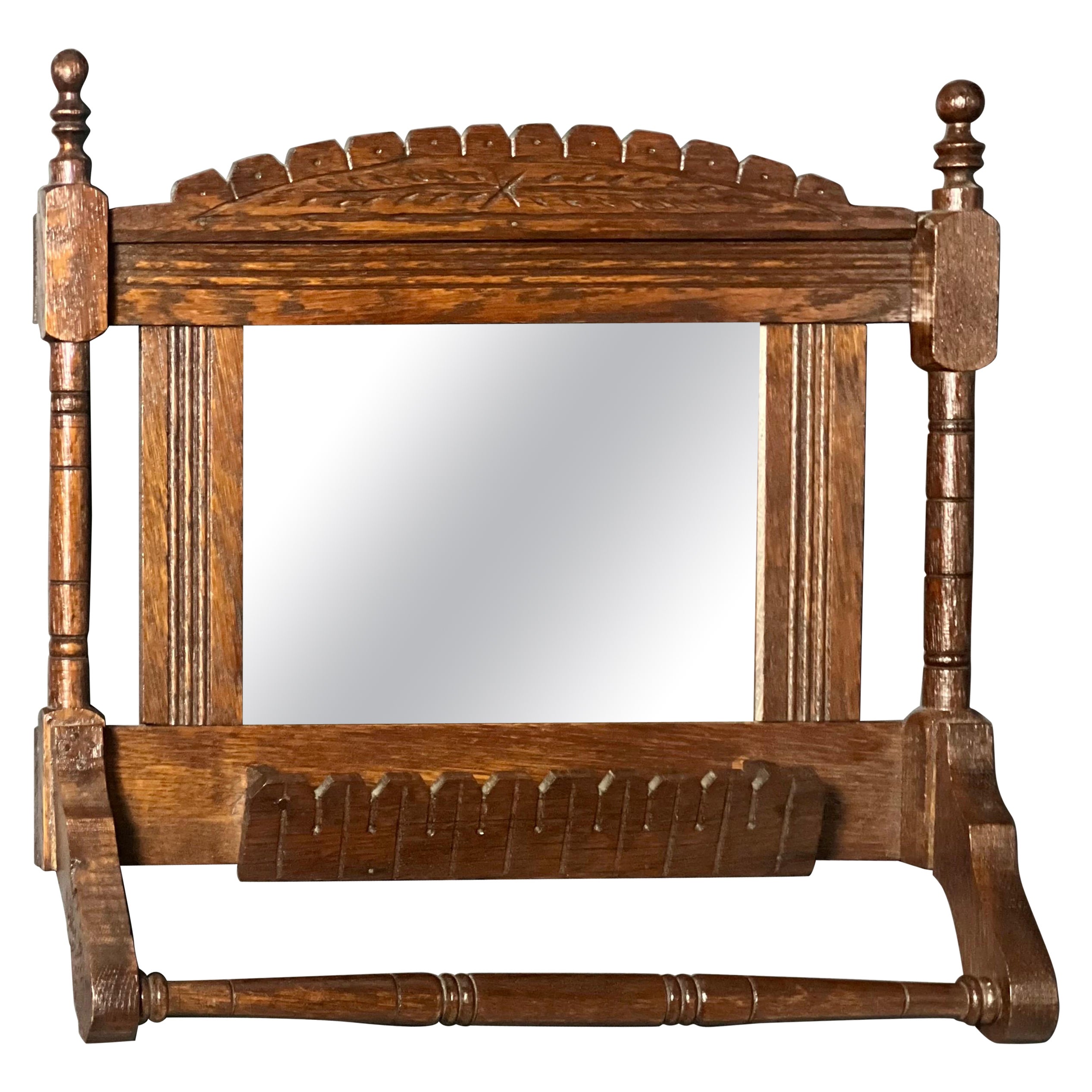 Antique Victorian Eastlake Oak Shaving Mirror with Towel Bar