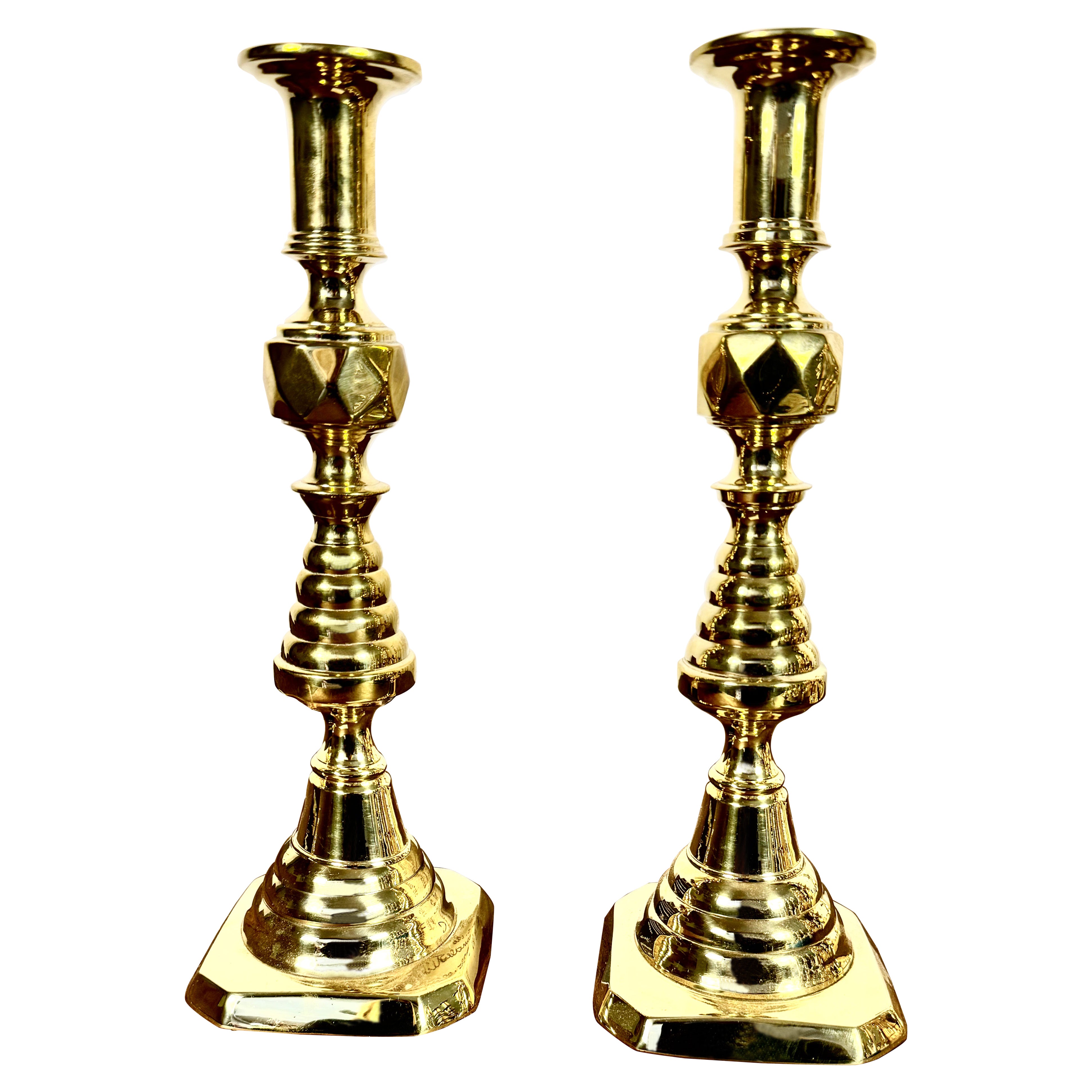 Pair English Beehive & Diamond Candlesticks, 19th Century For Sale