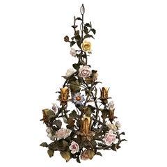 French Tole Painted Chandelier With Porcelain Flowers